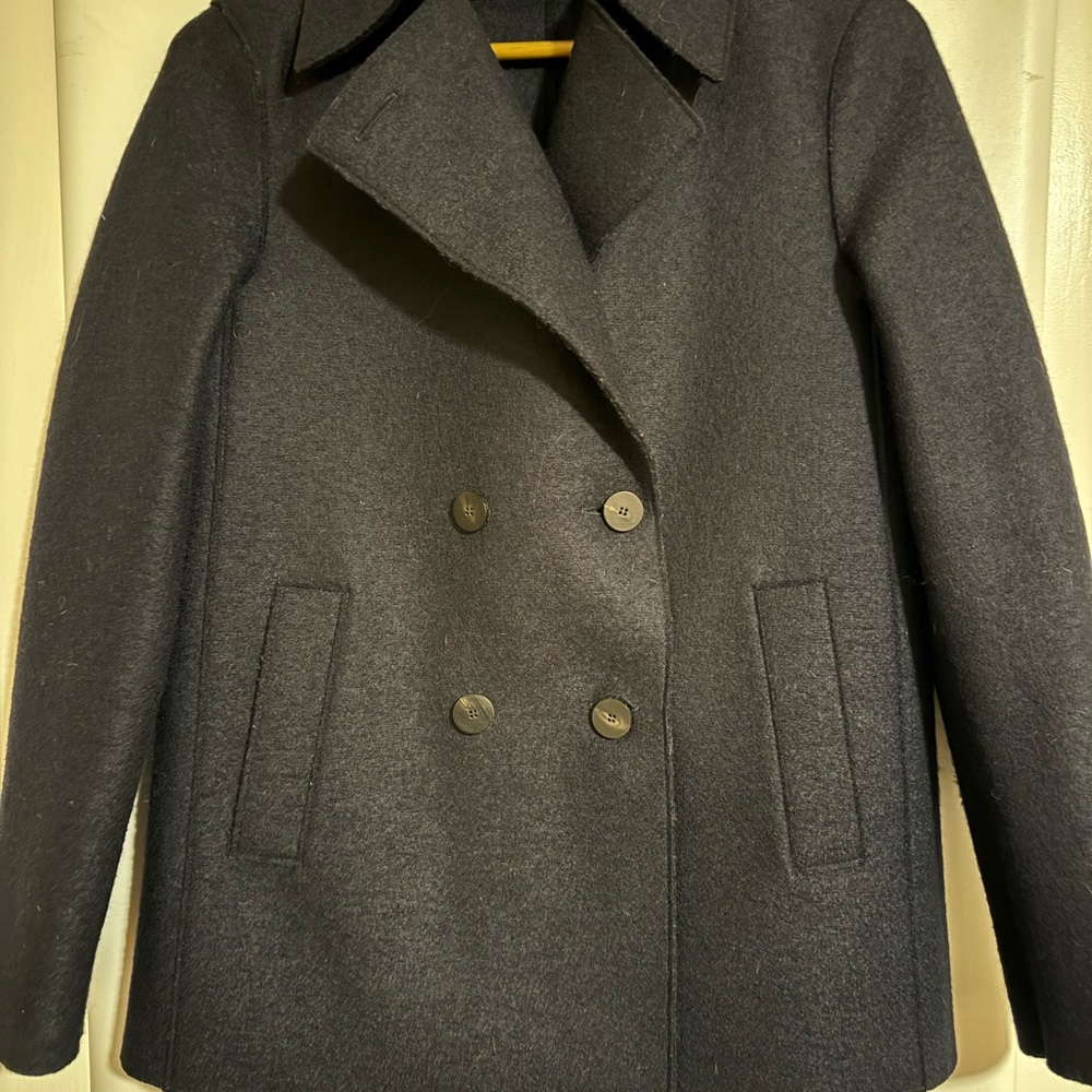 Classic Harris Wharf Navy Blue Wool Pea Coat with Wide Lapel